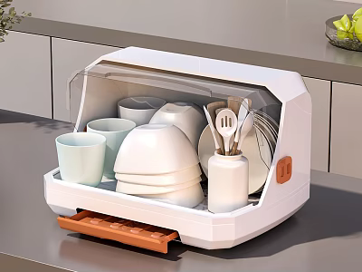 Kitchen Cabinet With Dish Storage Organizer Transparent Lid Drainage Tray And Bowls Plates 3d model