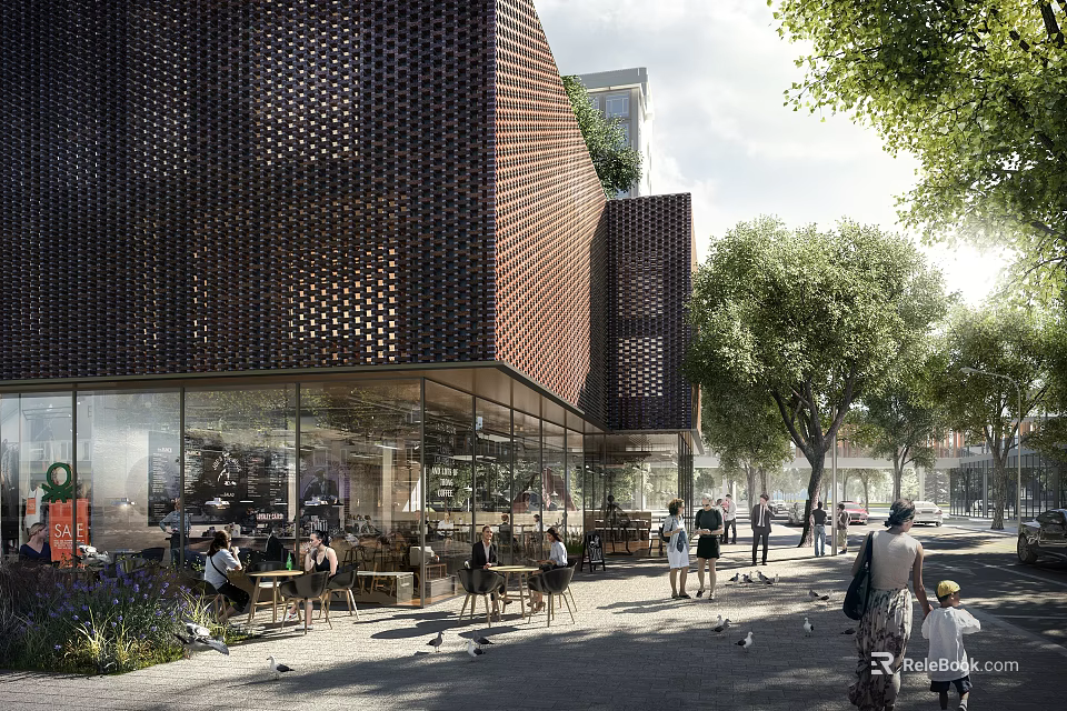 Modern Commercial Street Featuring Brown Perforated Facade Outdoor Seating Trees and Pedestrians 3d model 
