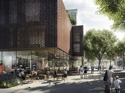 Modern Commercial Street Featuring Brown Perforated Facade Outdoor Seating Trees and Pedestrians 3d model