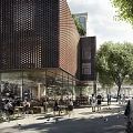 Modern Commercial Street Featuring Brown Perforated Facade Outdoor Seating Trees and Pedestrians