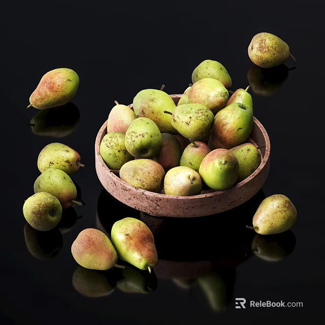 Fresh Ripe Pears in Wooden Bowl with Scattered Ones on Black Background 3d model 