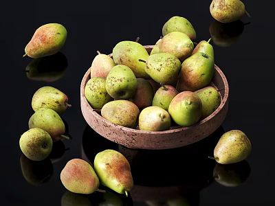 Fresh Ripe Pears in Wooden Bowl with Scattered Ones on Black Background 3d model