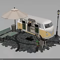 Stylish Vintage Food Truck Outdoor Setup With Umbrella Tables Chairs And Street Lamp