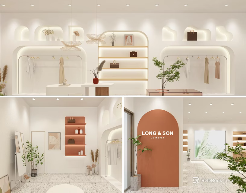 Modern Clothing Store Interior Design With Open Shelves Hanging Racks And Green Plants 3d model 