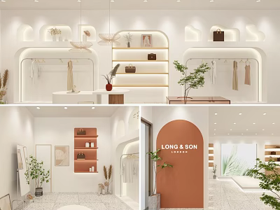 Modern Clothing Store Interior Design With Open Shelves Hanging Racks And Green Plants 3d model