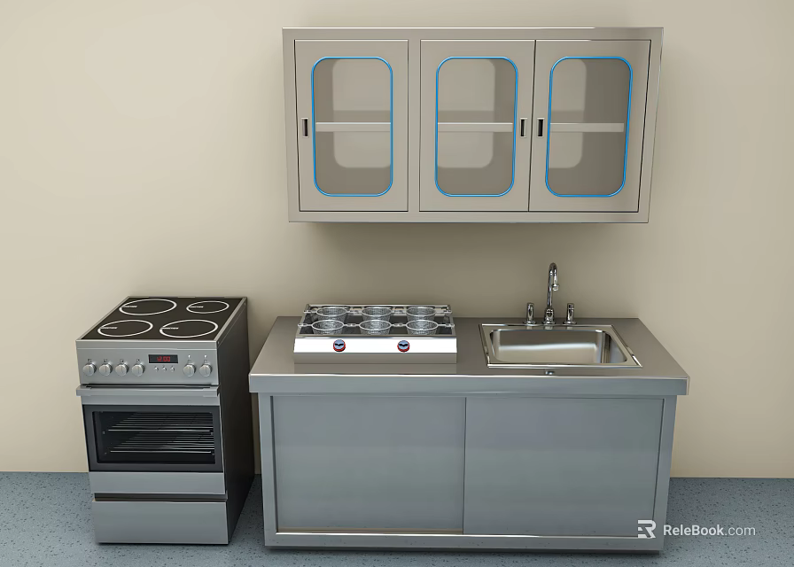 Stainless Steel Kitchen Cooking Appliances With Oven Cooktop Glass Door Cabinets And Countertop 3d model 
