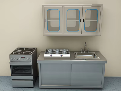 Stainless Steel Kitchen Cooking Appliances With Oven Cooktop Glass Door Cabinets And Countertop 3d model