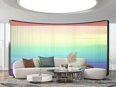Modern Sectional Sofa With Colorful Throw Pillows And Rainbow Backdrop In Living Room 3d model