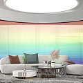 Modern Sectional Sofa With Colorful Throw Pillows And Rainbow Backdrop In Living Room