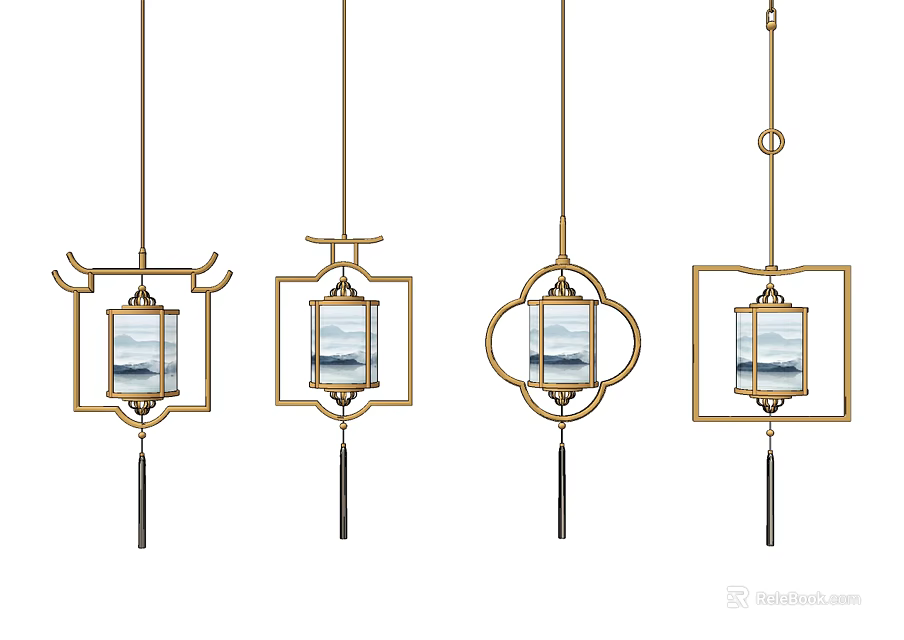 Traditional Chinese Style Pendant Lights With Gold Metal Frames Glass Panels And Tassel Decorations 3d model 