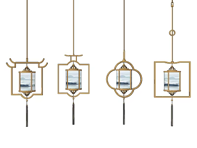 Traditional Chinese Style Pendant Lights With Gold Metal Frames Glass Panels And Tassel Decorations 3d model
