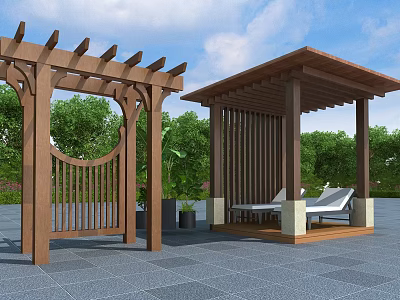 Outdoor Wooden Pergola Design With Arched Structure Seating Area Stone Pavement And Greenery 3d model