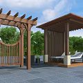 Outdoor Wooden Pergola Design With Arched Structure Seating Area Stone Pavement And Greenery