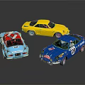 Three Colorful Model Race Cars With Number Decals And Striped Designs