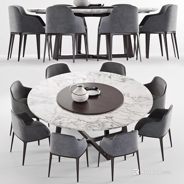 Modern Round Dining Table with Marble Top and Gray Chairs Set for Home Dining Area 3d model