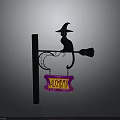 Halloween Witchery Decoration With Witch Silhouette On Broom And Hanging Sign