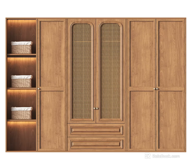 Wooden Wardrobe with Lattice Doors Solid Wood Panels LED Shelves with Baskets and Bottom Drawers 3d model 
