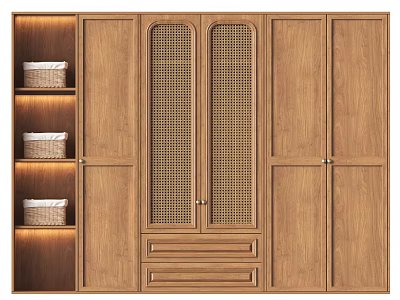Wooden Wardrobe with Lattice Doors Solid Wood Panels LED Shelves with Baskets and Bottom Drawers 3d model