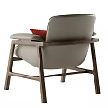 Modern Light Gray Leather Accent Chair With Red Checkered Pillow And Wooden Frame