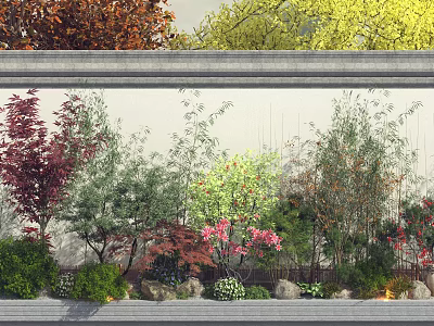 Garden Plant Combination With Red Maple Bamboo Pink Flowers Green Shrubs Stones And White Wall 3d model