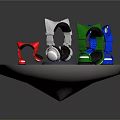 Colorful Electronic Headphones in Blue White Green with Black Earcups on Round Display Stand
