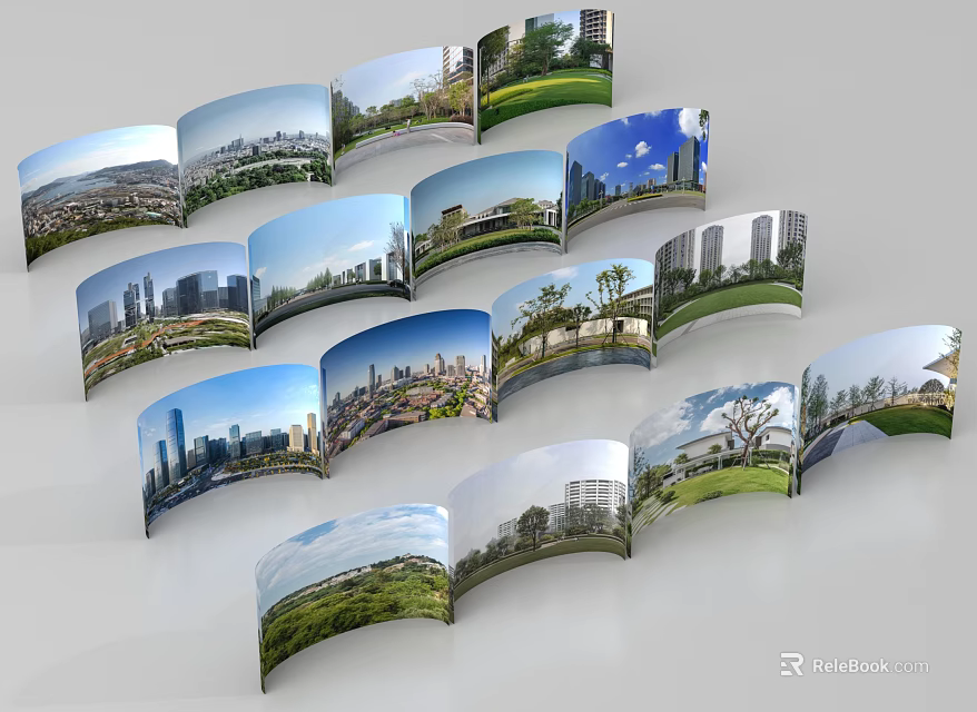 Curved Display of Urban and Natural Scenery Featuring City Skylines and Parks 3d model 