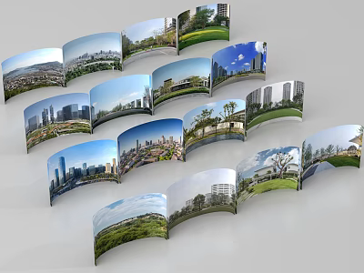 Curved Display of Urban and Natural Scenery Featuring City Skylines and Parks 3d model