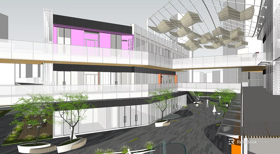 Modern Commercial Street With Glass Structure Green Plants And Pedestrian Area 3d model 