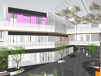 Modern Commercial Street With Glass Structure Green Plants And Pedestrian Area 3d model