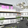 Modern Commercial Street With Glass Structure Green Plants And Pedestrian Area
