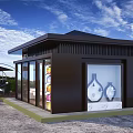 Modern Convenience Store With Umbrellas Green Plants And Glass Doors Displaying Goods Under Blue Sky