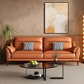 Orange Two Seater Sofa With Grey Cushions Glass Coffee Table Abstract Wall Art Green Plant