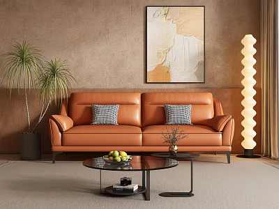 Orange Two Seater Sofa With Grey Cushions Glass Coffee Table Abstract Wall Art Green Plant 3d model