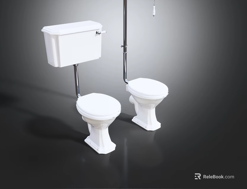 Two White Classical Two Piece Toilets with Attached Water Tanks in Modern Bathroom Interior 3d model 