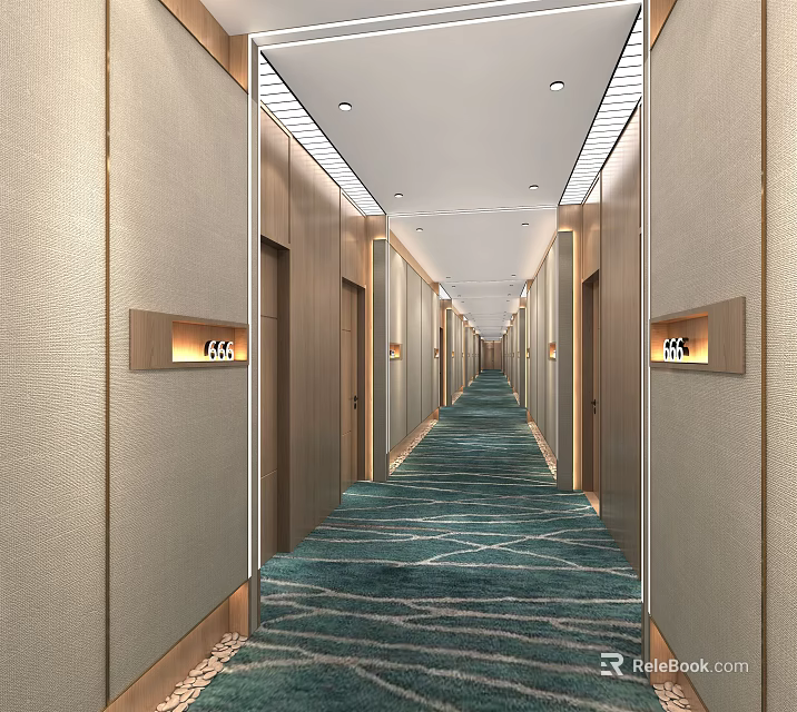 Elegant Hotel Corridor Interior With Blue Carpet Wall Decorative Lights And Ceiling Strips 3d model 