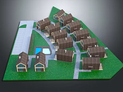 Residential Community Design Featuring Small Houses Brown Roofs Green Lawn Blue Pool And Pathways 3d model