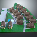Residential Community Design Featuring Small Houses Brown Roofs Green Lawn Blue Pool And Pathways