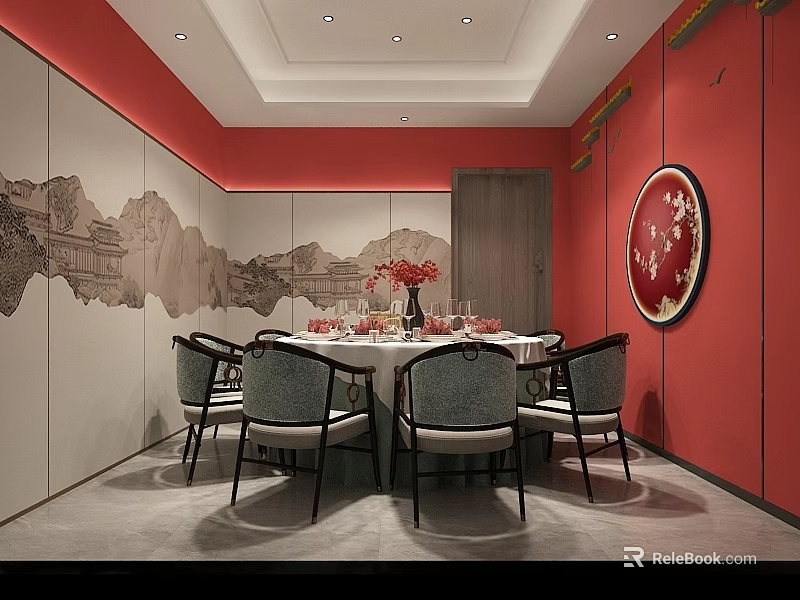 Private Dining Room Interior With Red Walls Decorative Paintings And Round Dining Table 3d model