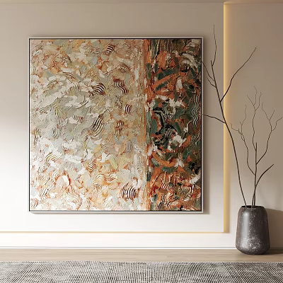 Abstract Oil Painting Wall Art With Textured Brush Strokes Beige Orange Green Tones 3d model