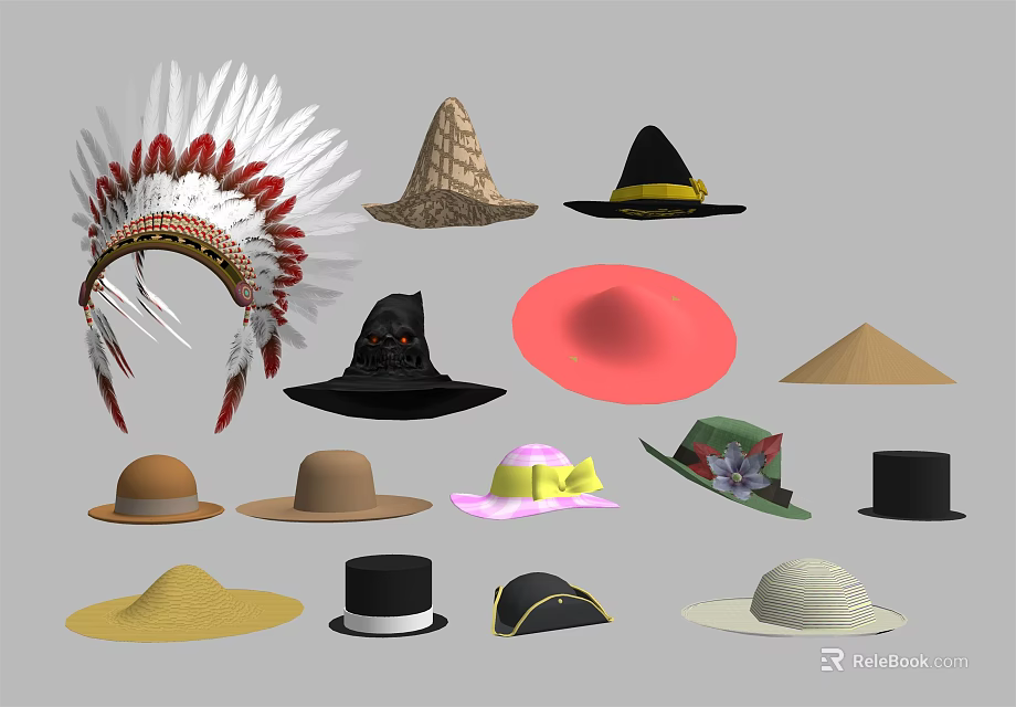 Various Types of Hats Including Feather Decorated Wide Brim Fedora Straw and Conical Styles 3d model 
