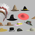 Various Types of Hats Including Feather Decorated Wide Brim Fedora Straw and Conical Styles
