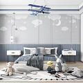 Cozy Kids Room With Blue Headboard Bed Gray Blanket Cloud Star Decor And Stuffed Toys