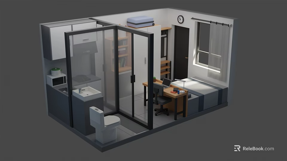 Cartoon Room Scene With Glass Door Toilet Kitchen Desk Chair Computer And Window 3d model 