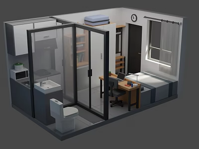 Cartoon Room Scene With Glass Door Toilet Kitchen Desk Chair Computer And Window 3d model