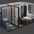Cartoon Room Scene With Glass Door Toilet Kitchen Desk Chair Computer And Window