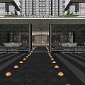 Modern Garden Landscape Design With Pathway Lamps Greenery And Surrounding Architecture