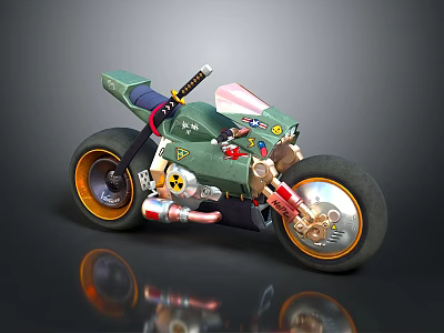 Smart Machine Concept Motorcycle Featuring Green Body Red Gold Details Black Wheels And Gold Rims 3d model