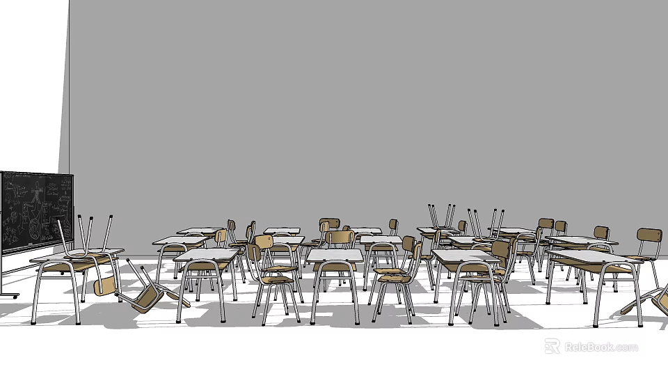 School Classroom Desks With Student Chairs Arranged In Multiple Neat Rows 3d model 