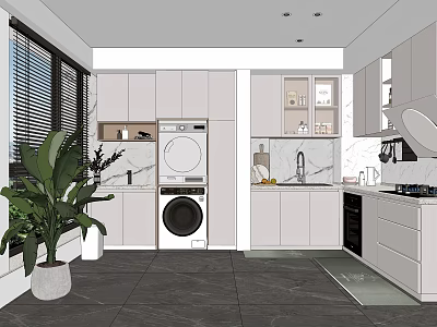 Modern Kitchen Interior With White Cabinets Marble Countertop Blinds And Green Plant 3d model
