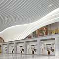 Modern Commercial Mall Interior With Wavy White Ceiling And Glass Storefronts